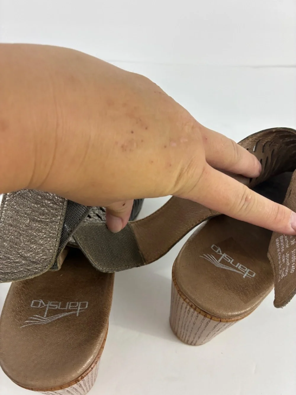 Dansko Danae Bronze Platform Sandals 8.5 9 Metallic Pewter Perforated Mules Clog